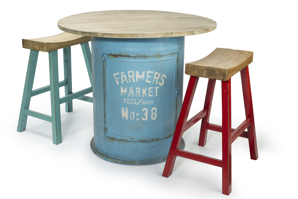 Vintage barrel table with two modern high chairs, clipping path included, Funky table of barrel and chairs isolated on white