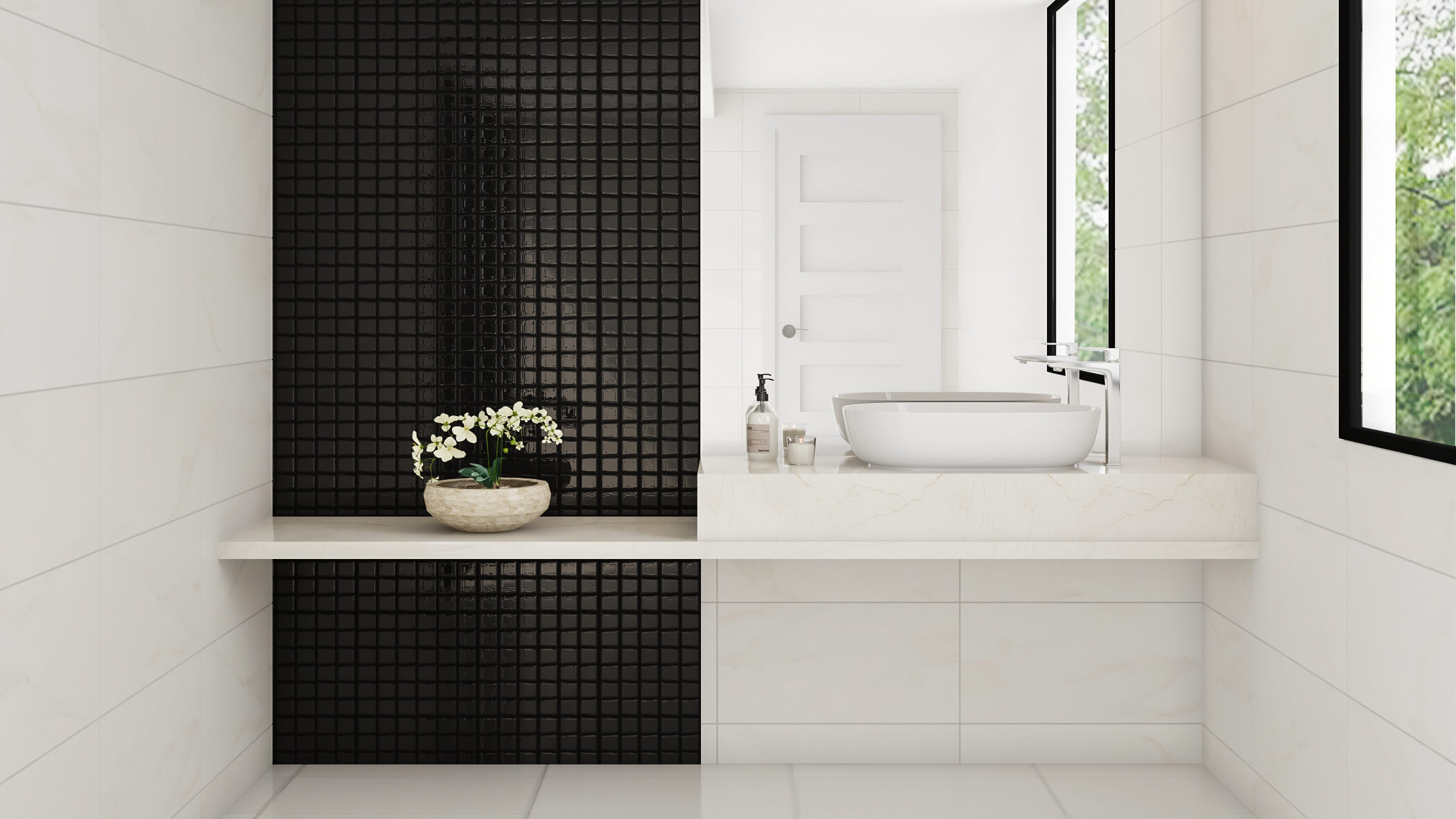 banheiro branco com painel preto de revestimento cerâmico com relevo Mos Nero
