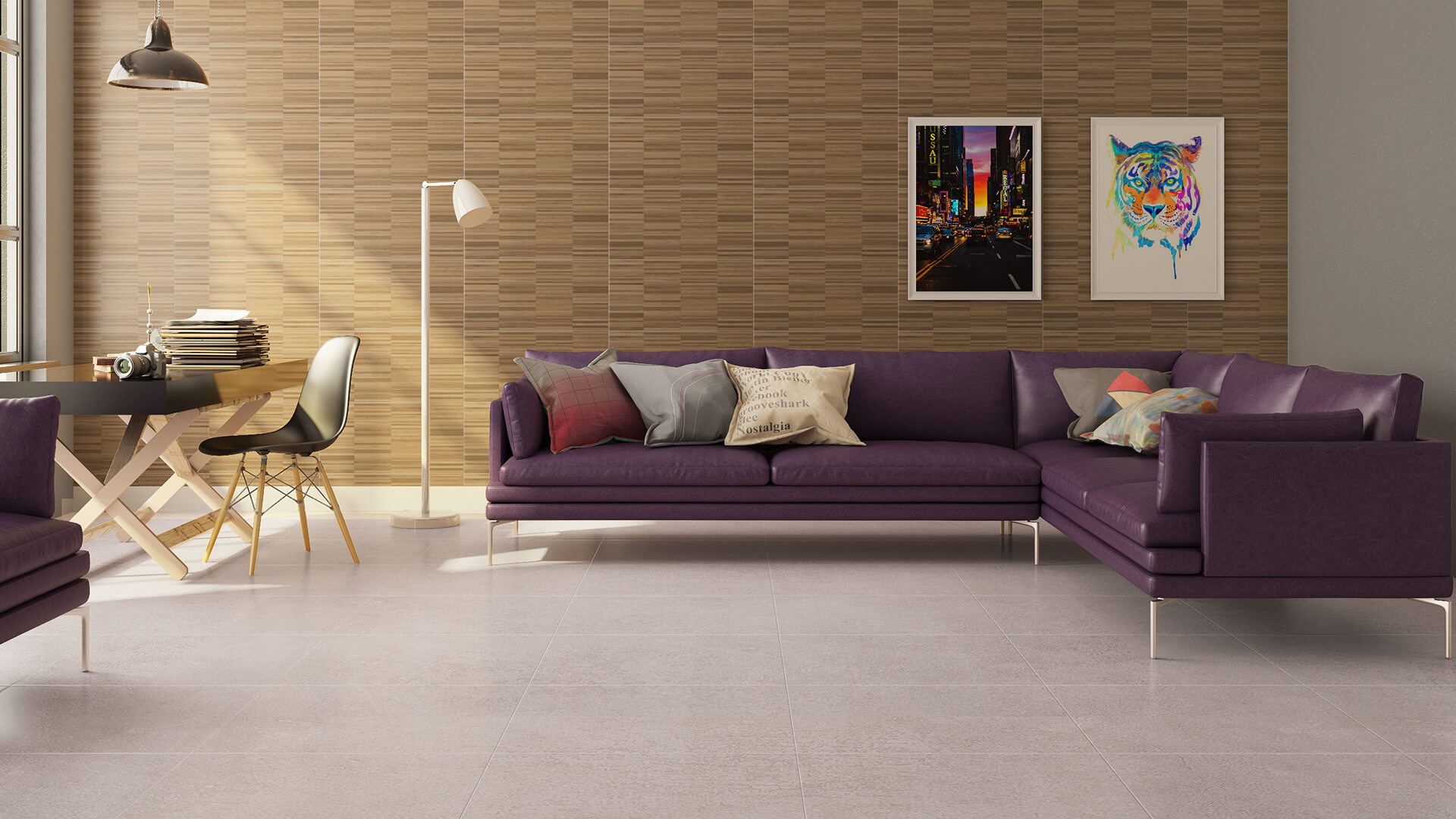 sala com sofá roxo e almofadas com variação de cores