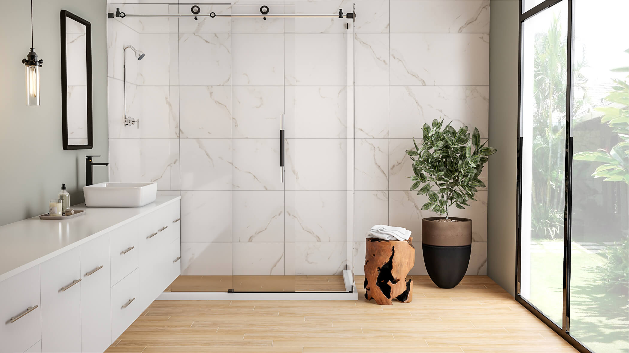 banheiro com revestimento que representa mármore na parede e madeira no piso