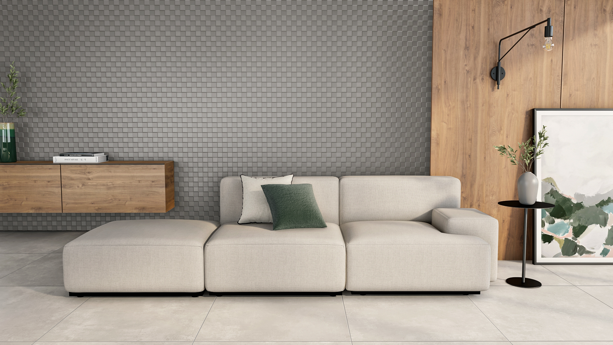 O sofá neutro traz tons claros e versáteis e design simples. Uma peça atemporal, que pode combinar com diferentes revestimentos, como a dupla Zeppelin Steel e Jacquard Steel, da linha Zeppelin