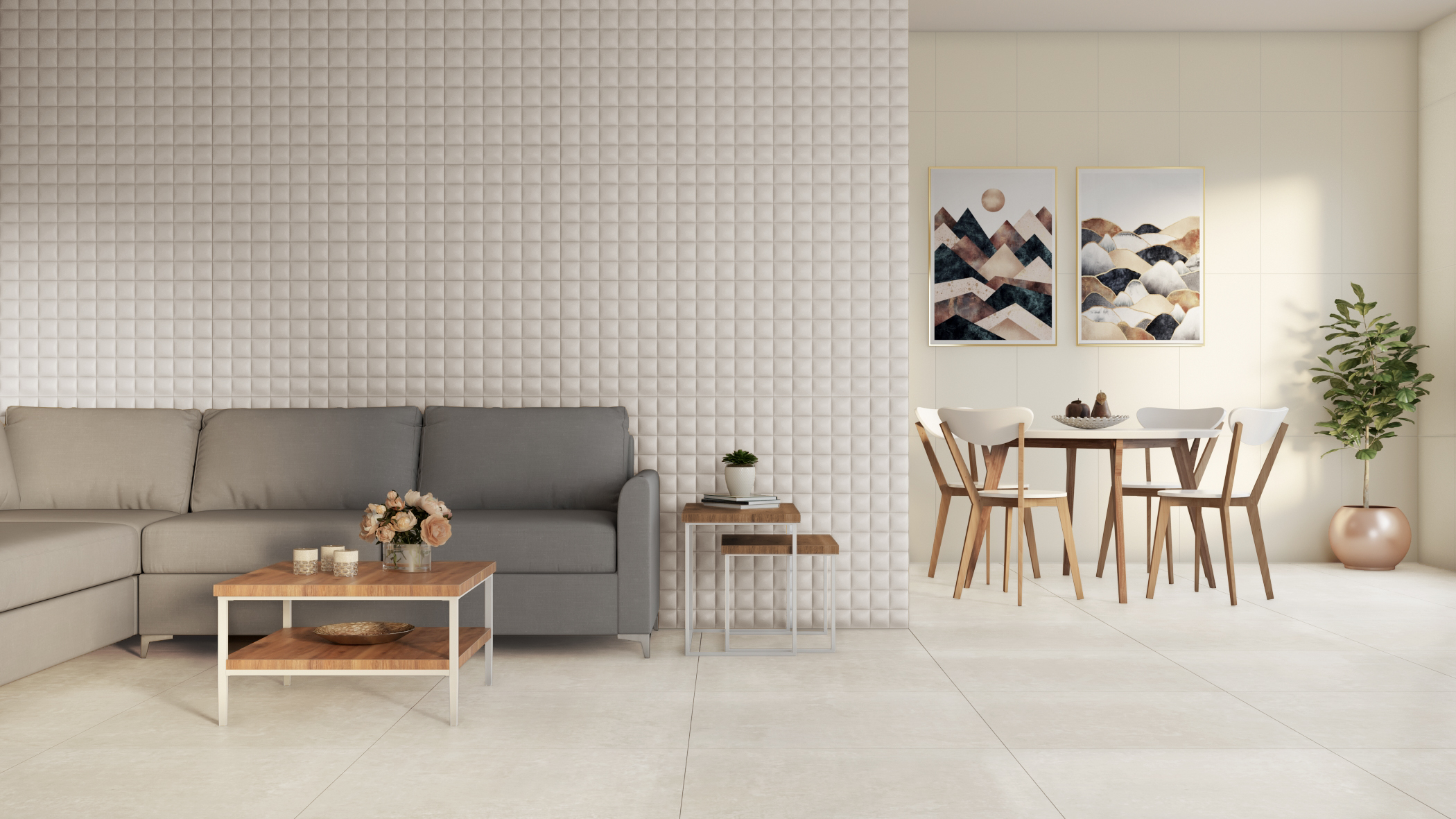 Vitoria Gris, da linha Decora Design, na parede atrás do sofá neutro, agrega relevo ao ambiente e promove contraste com o móvel. No piso, Zeppelin Gray