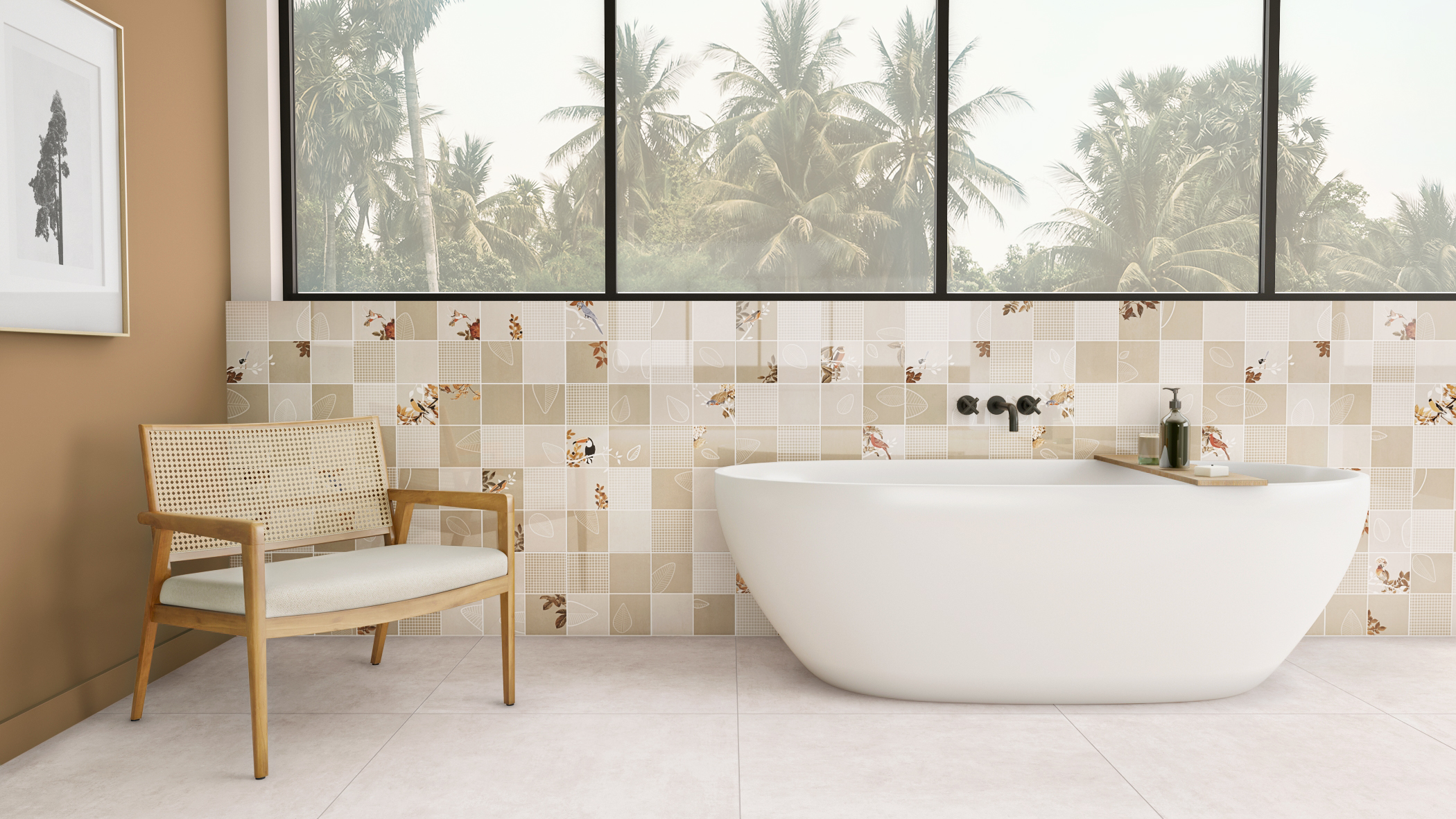 Nos banheiros, um piso branco, como o Cimento Branco, pode ser combinado com uma parede trabalhada com outro revestimento, como o Ninho, da linha Decora Design