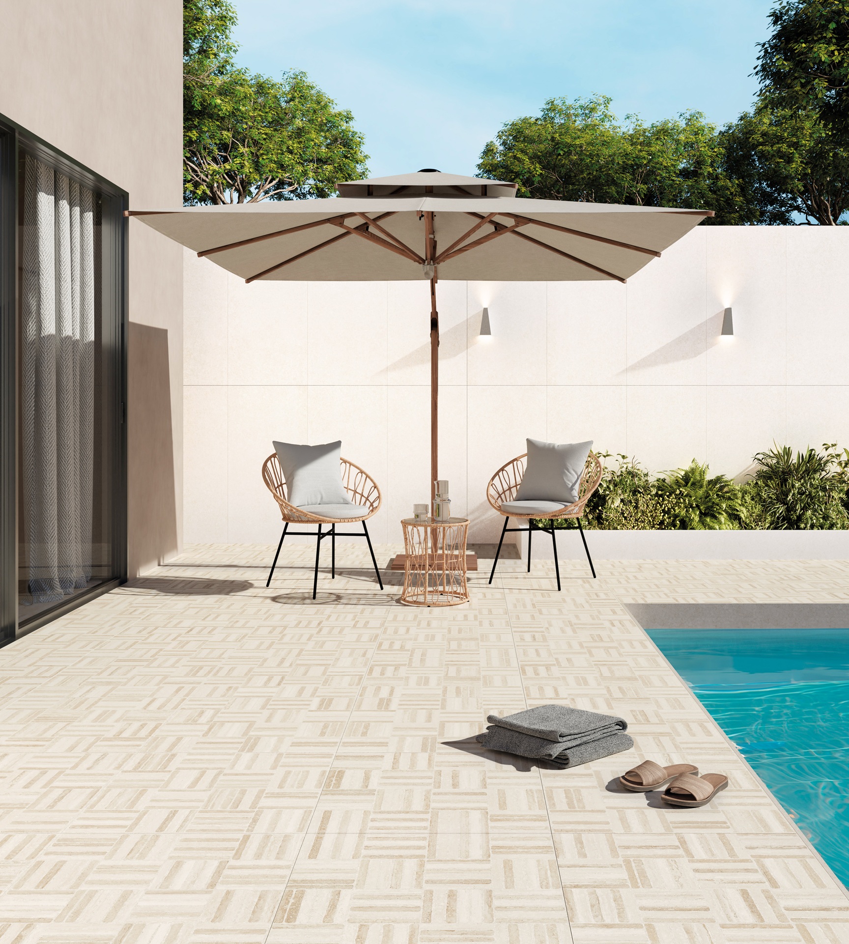 área externa com piscina e revestimento cerâmico
