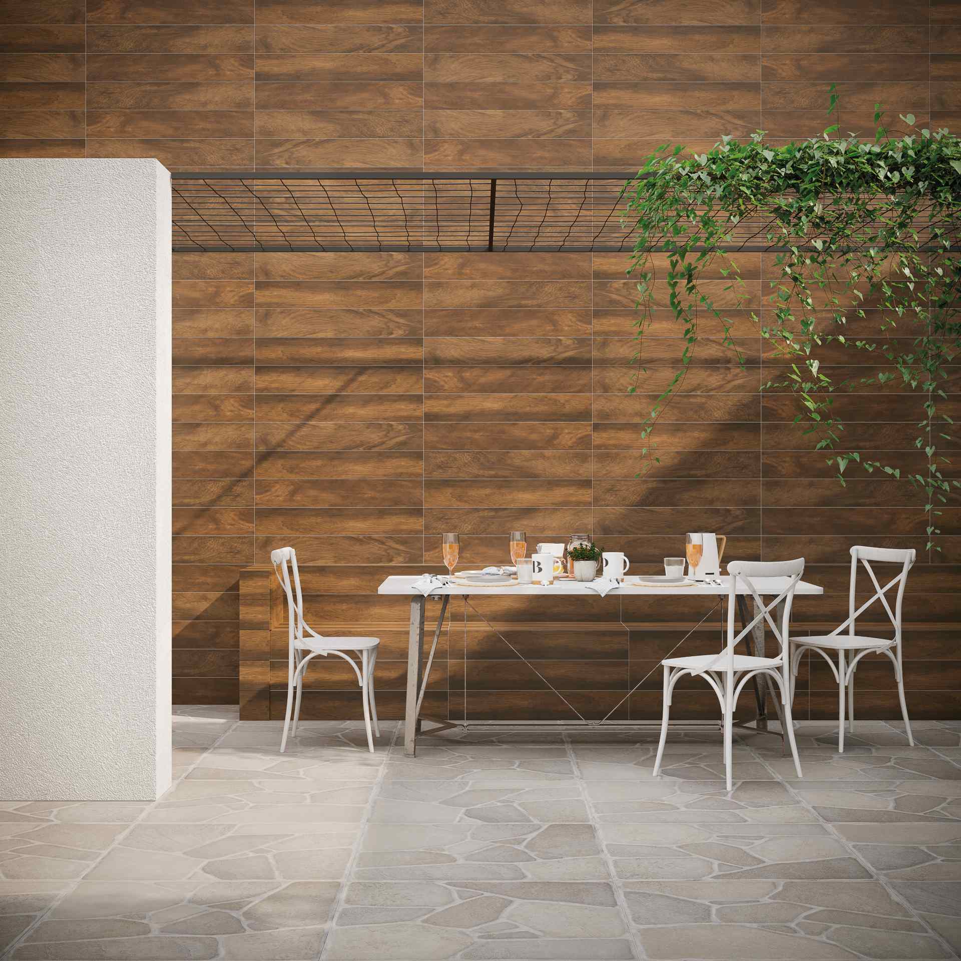 cozinha com parede revestida de madeira e piso que reproduz pedra