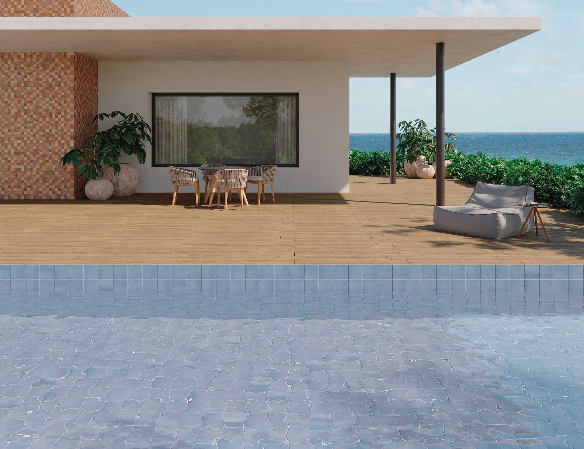 área externa com piscina e deque amadeirado