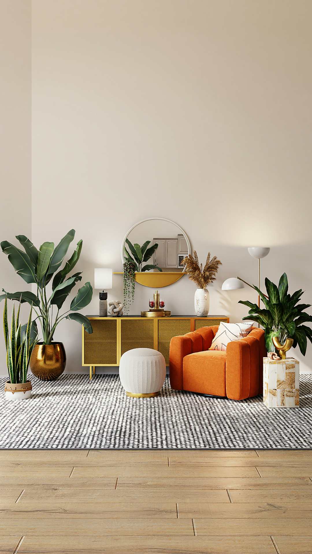 sala com parede neutra e objetiso de decoração com cores de destaque, como plantas, armário e poltrona