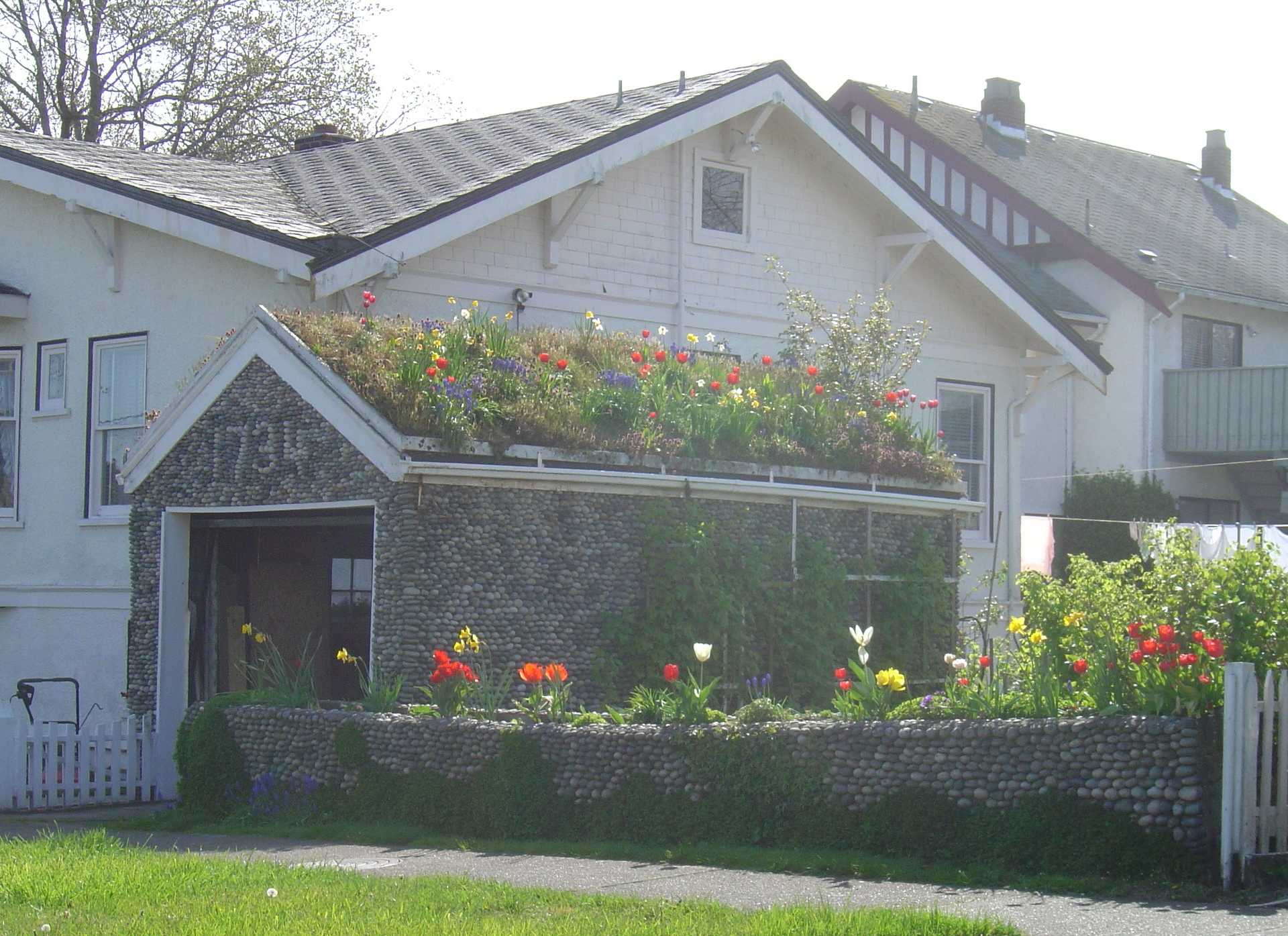 fachada de casa com telhado verde e jardim na entrada