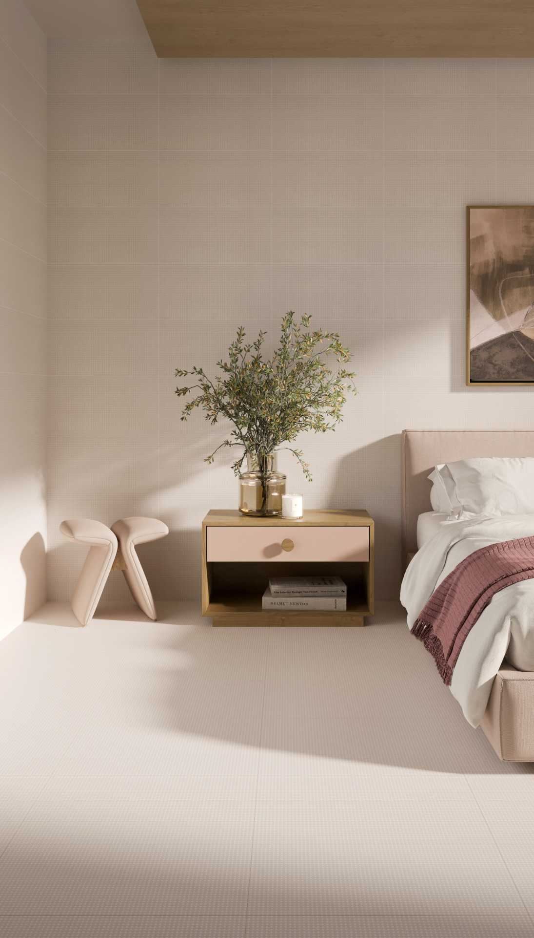 quarto com revestimento cerâmico e deocração em tons de bege e branco