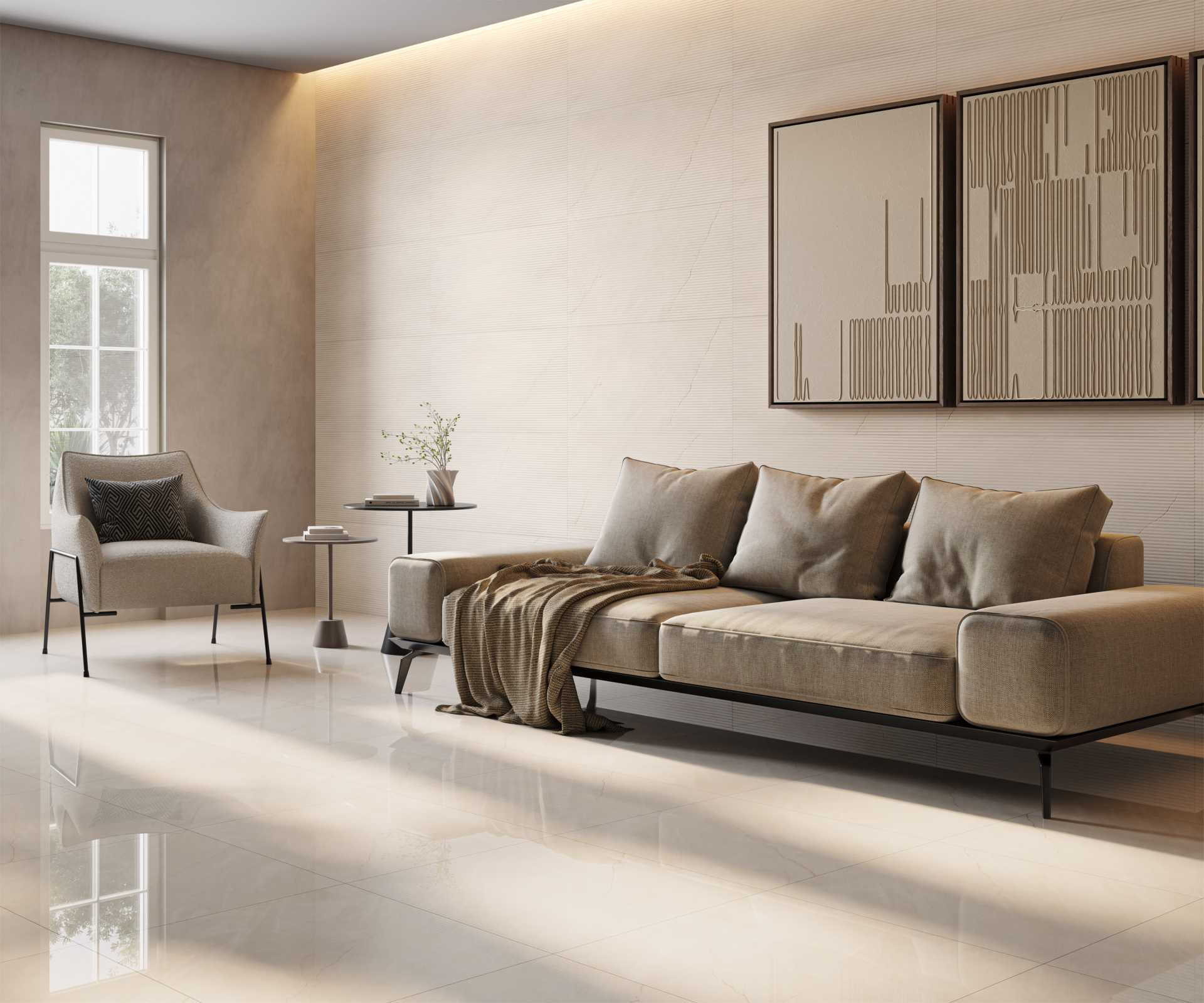sala com piso cerâmico cinza brilhante, parede decorada com quadros e sofa em tom neutro