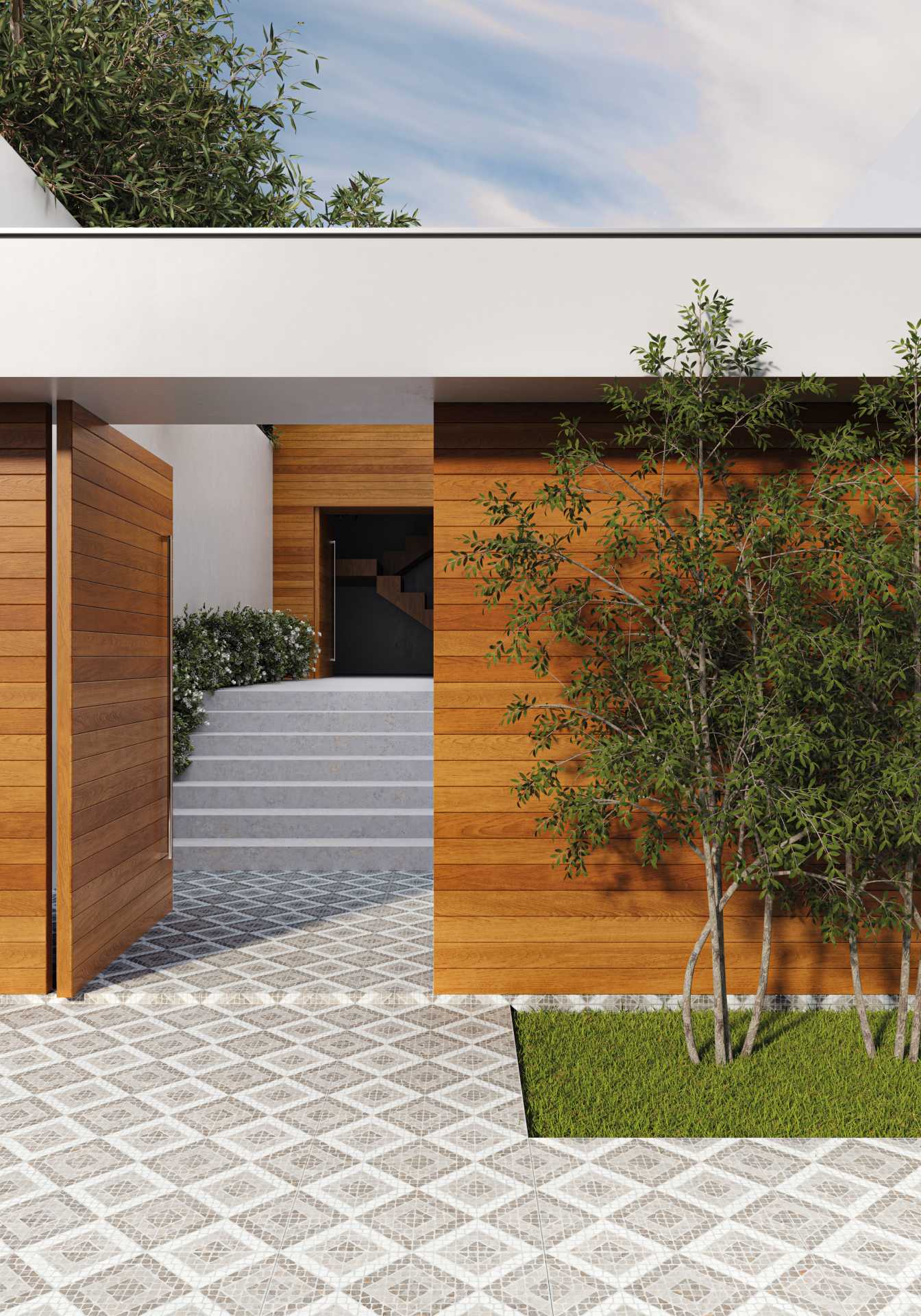 entrada de casa com jardim, piso cerâmico que mimita pedra e muro amadeirado