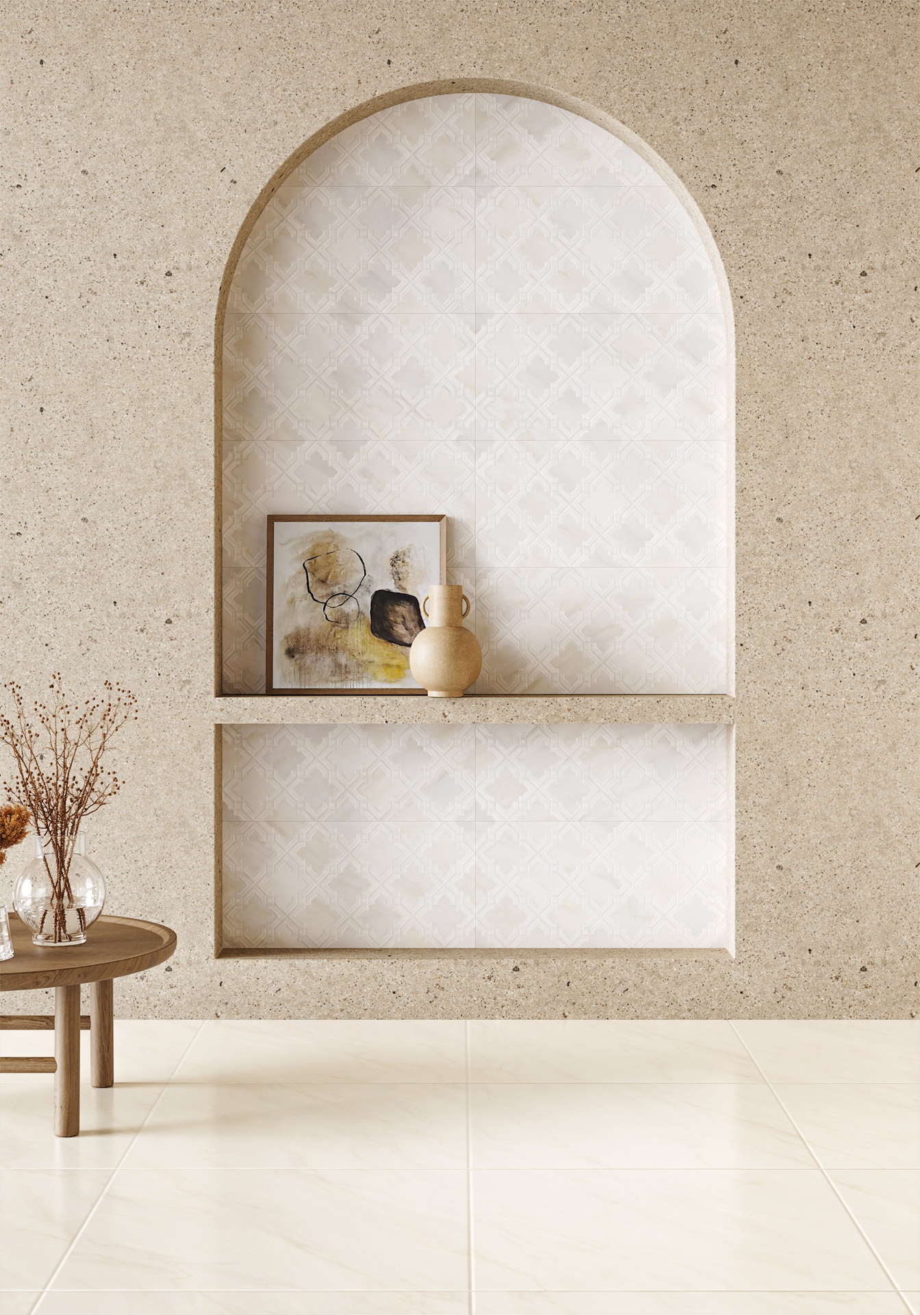 detalhe de parede com revestimento cerâmico e prateleira com quadro e vaso decorativos