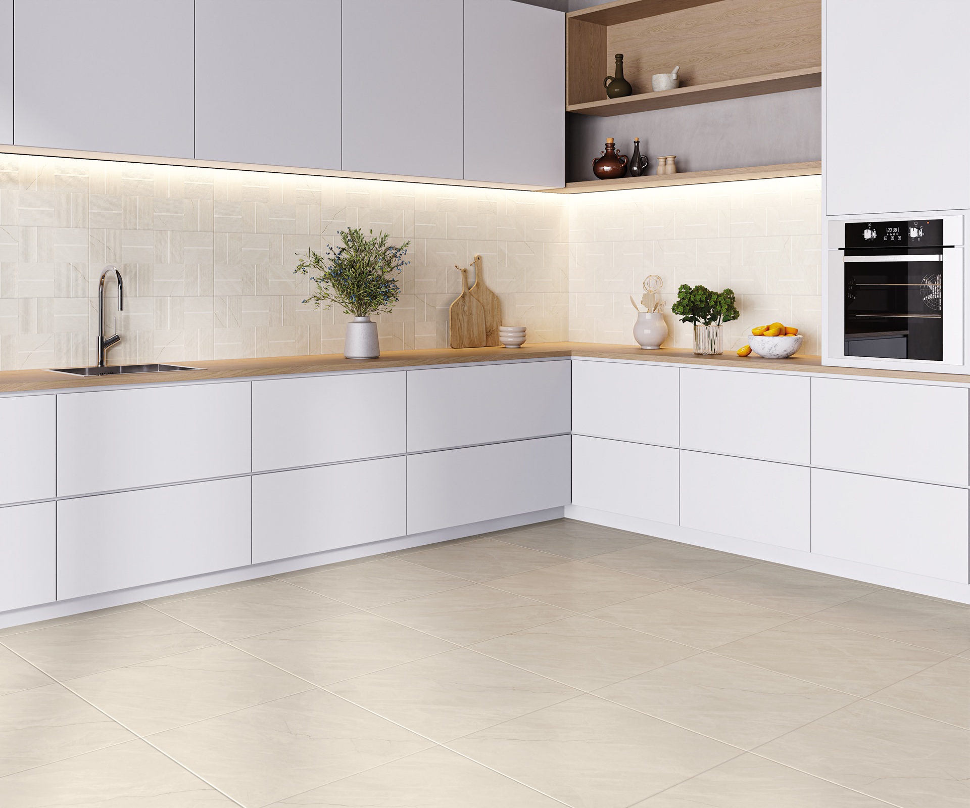 Cozinha moderna com paleta de tons neutros, armários brancos planejados e piso cerâmico bege claro.