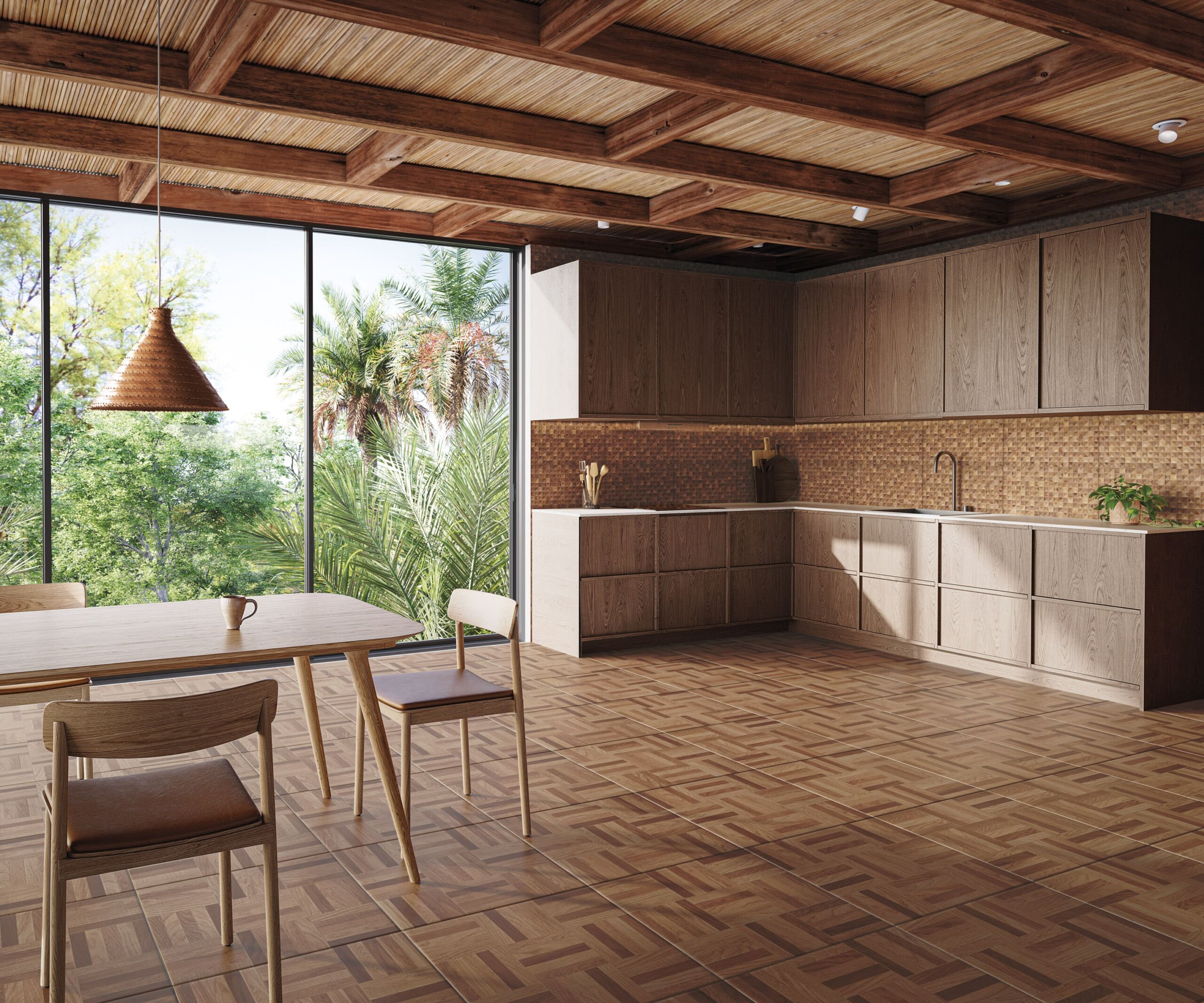 Cozinha integrada com sala de jantar com piso cerâmico que reproduz madeira em tom terroso, armários planejados de madeira, teto com vigas e ampla iluminação natural.