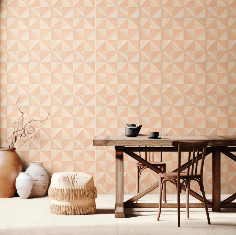decoracao afetiva na sala de jantar com parede de revestimento ceramico geometrico salmao e bege mesa de madeira rústica e artesanato regional