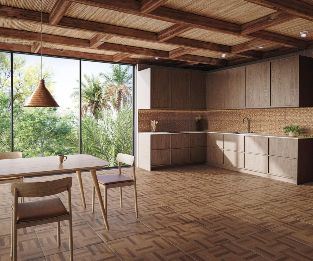 Cozinha planejada com armários de madeira e piso cerâmico amadeirado Parquet Avelana da Pointer, ideal para fácil limpeza em casas com crianças e pets.